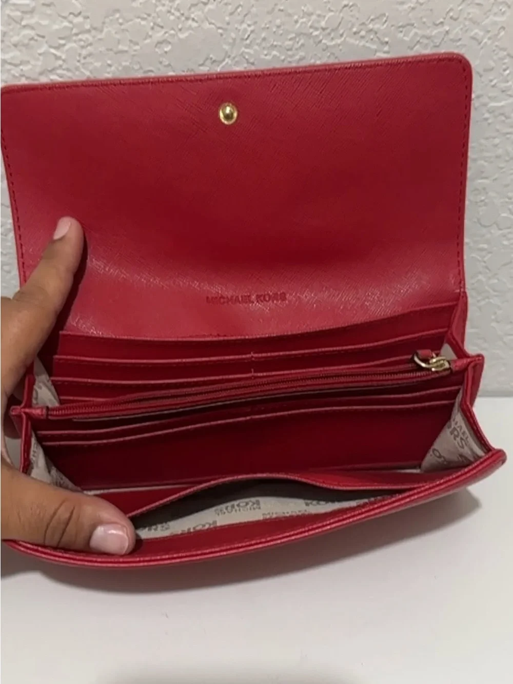 Michael Kors Red Leather MK Plaque Continental Wallet with Gold Hardware